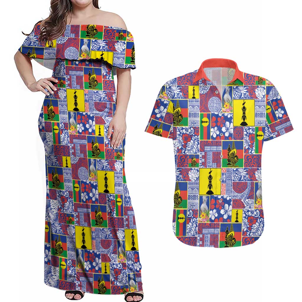 New Caledonia Joyeux Noel Couples Matching Off Shoulder Maxi Dress and Hawaiian Shirt Pacific Patchwork Xmas Vibes - Polynesian Pride