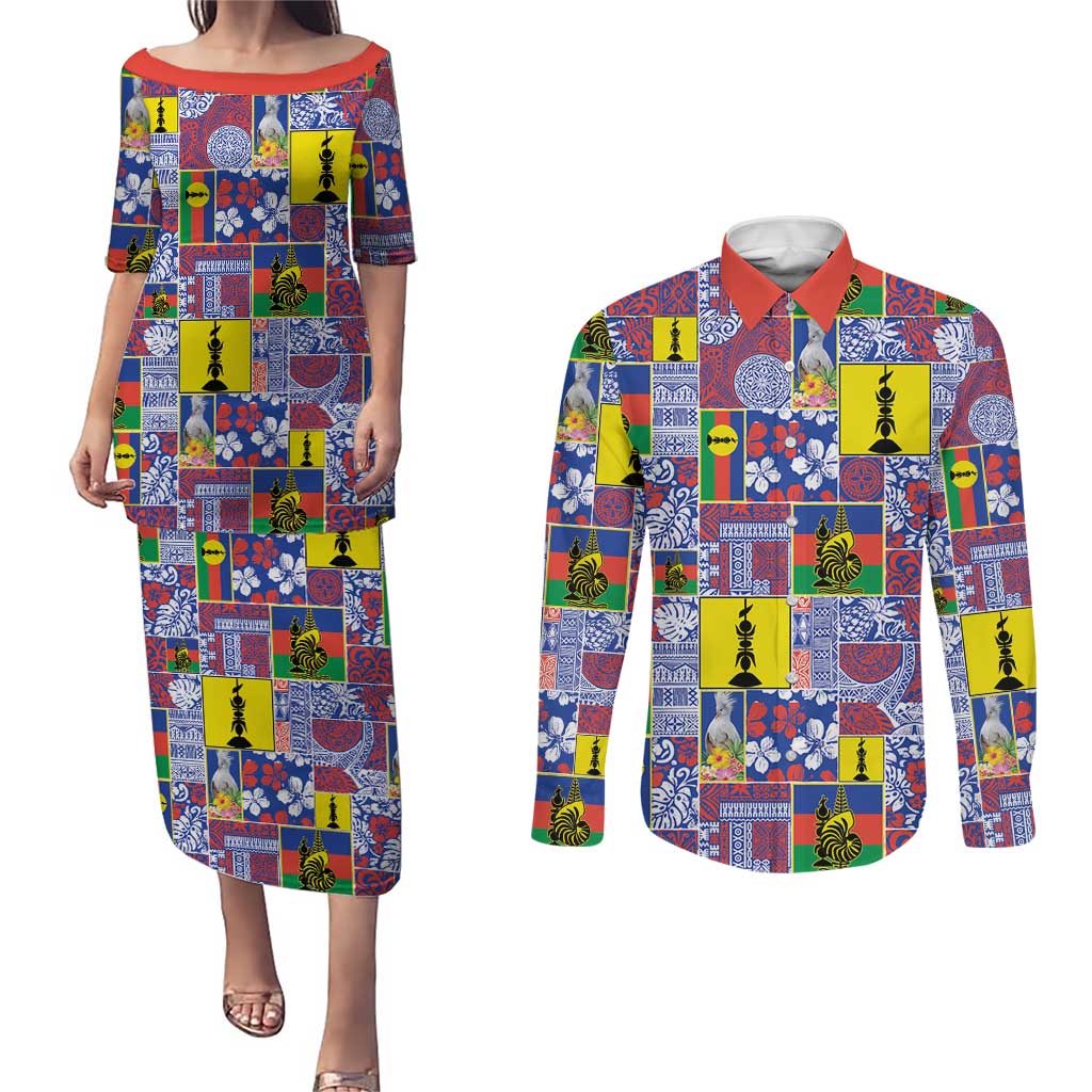 New Caledonia Joyeux Noel Couples Matching Puletasi and Long Sleeve Button Shirt Pacific Patchwork Xmas Vibes LT9 Blue - Polynesian Pride