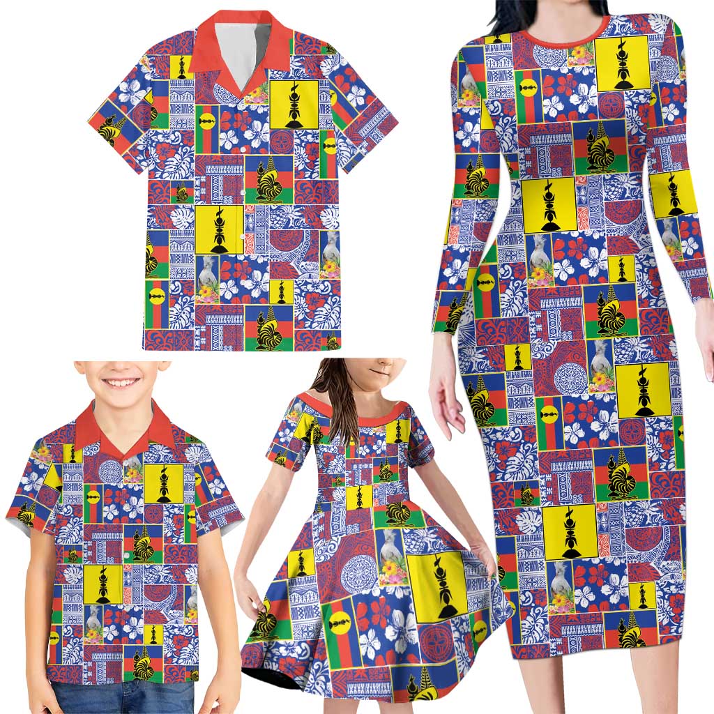 New Caledonia Joyeux Noel Family Matching Long Sleeve Bodycon Dress and Hawaiian Shirt Pacific Patchwork Xmas Vibes - Polynesian Pride