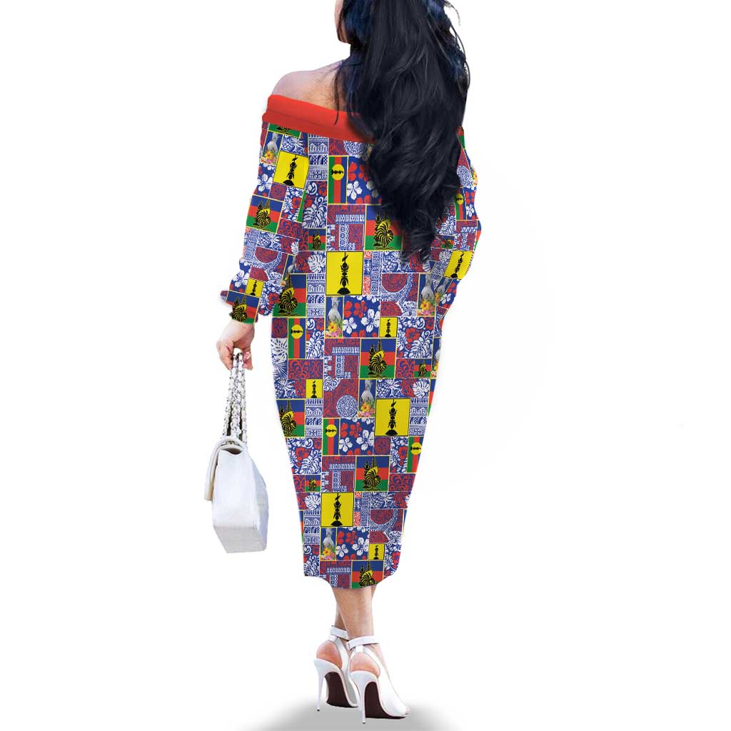 New Caledonia Joyeux Noel Family Matching Off The Shoulder Long Sleeve Dress and Hawaiian Shirt Pacific Patchwork Xmas Vibes - Polynesian Pride