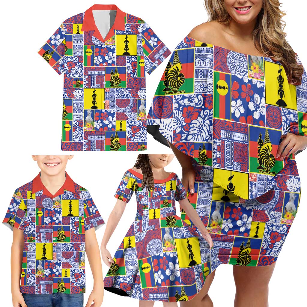 New Caledonia Joyeux Noel Family Matching Off Shoulder Short Dress and Hawaiian Shirt Pacific Patchwork Xmas Vibes - Polynesian Pride
