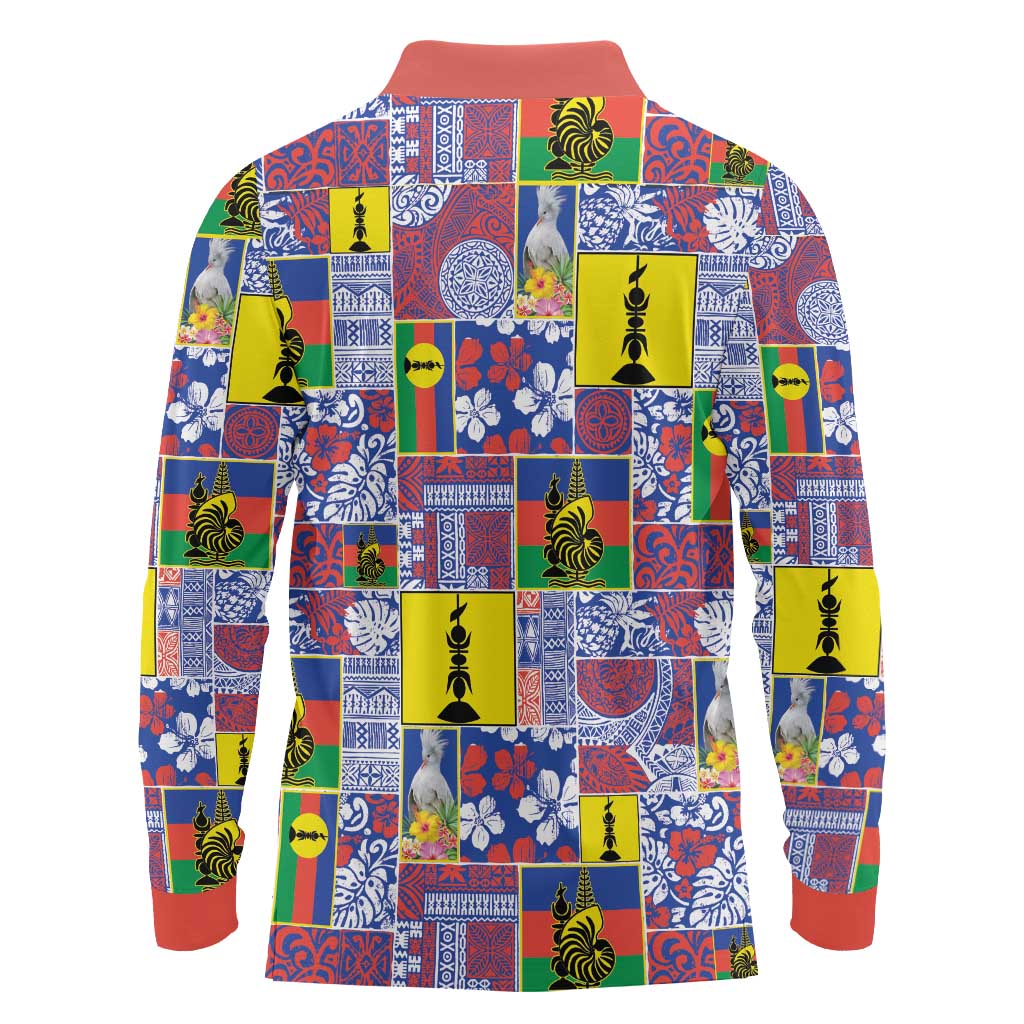 New Caledonia Joyeux Noel Long Sleeve Polo Shirt Pacific Patchwork Xmas Vibes - Polynesian Pride