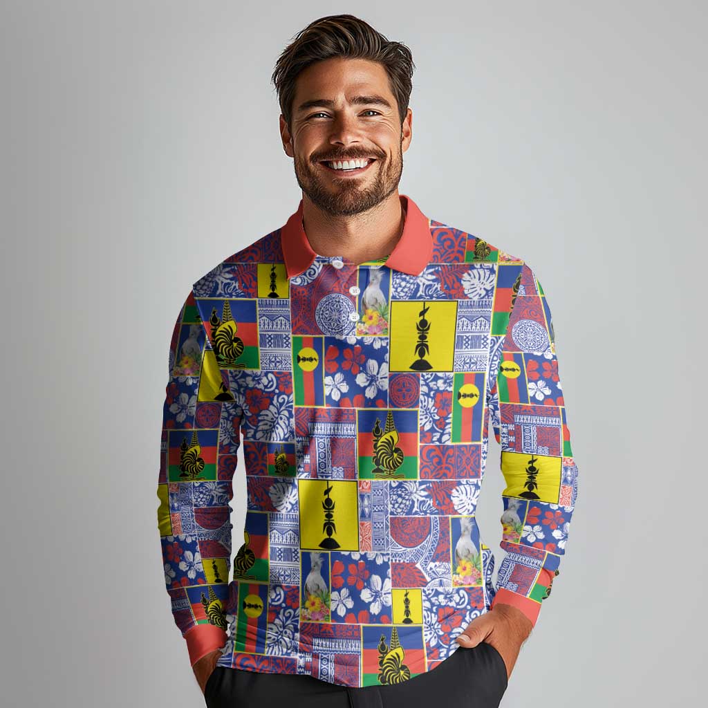 New Caledonia Joyeux Noel Long Sleeve Polo Shirt Pacific Patchwork Xmas Vibes - Polynesian Pride
