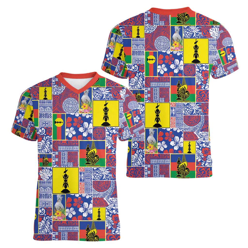 New Caledonia Joyeux Noel Women V-Neck T-Shirt Pacific Patchwork Xmas Vibes - Polynesian Pride