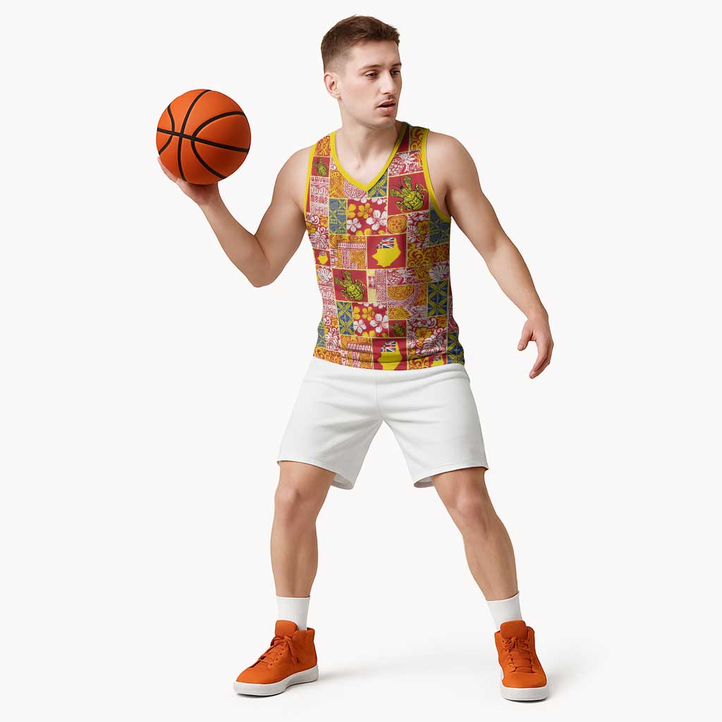 Niue Monuina e Kilisimasi Basketball Jersey Pacific Patchwork Xmas Vibes - Polynesian Pride