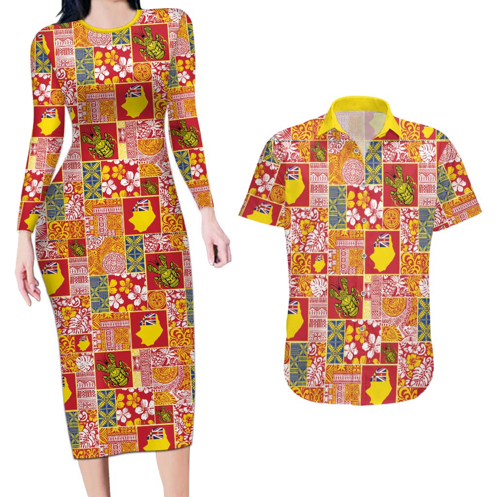 Niue Monuina e Kilisimasi Couples Matching Long Sleeve Bodycon Dress and Hawaiian Shirt Pacific Patchwork Xmas Vibes - Polynesian Pride
