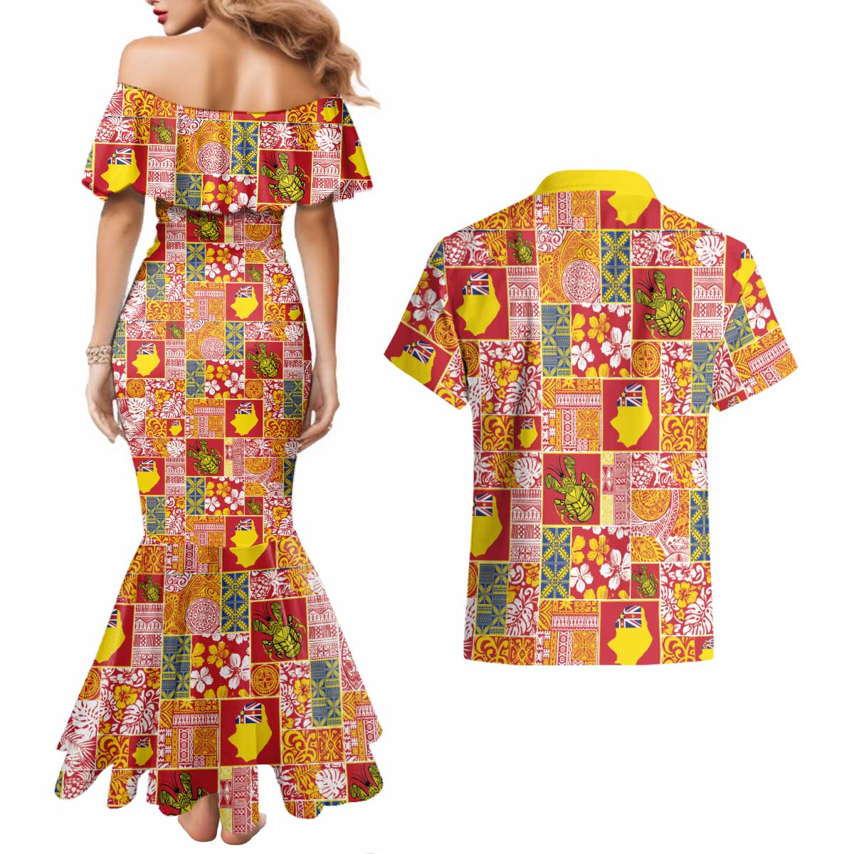 Niue Monuina e Kilisimasi Couples Matching Mermaid Dress and Hawaiian Shirt Pacific Patchwork Xmas Vibes LT9 - Polynesian Pride