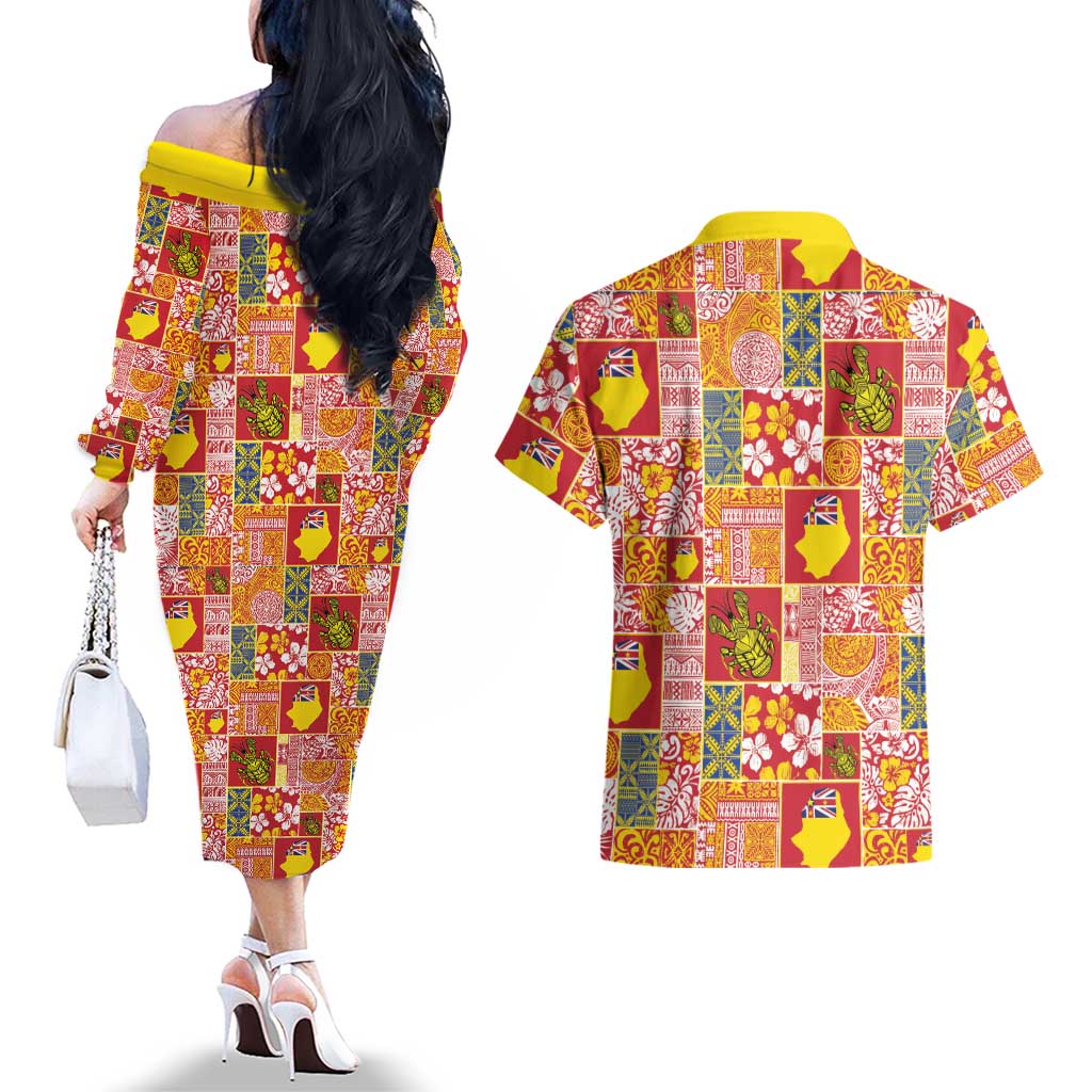 Niue Monuina e Kilisimasi Couples Matching Off The Shoulder Long Sleeve Dress and Hawaiian Shirt Pacific Patchwork Xmas Vibes - Polynesian Pride