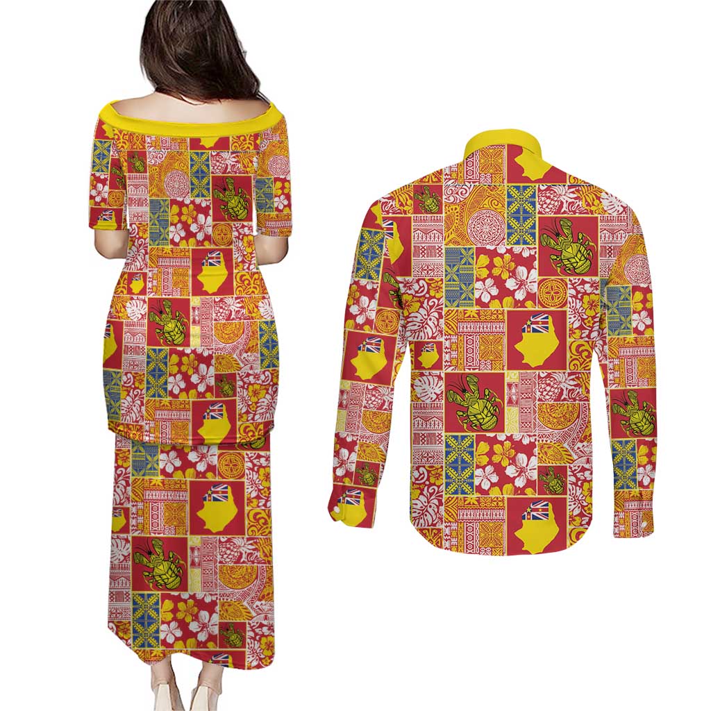 Niue Monuina e Kilisimasi Couples Matching Puletasi and Long Sleeve Button Shirt Pacific Patchwork Xmas Vibes - Polynesian Pride
