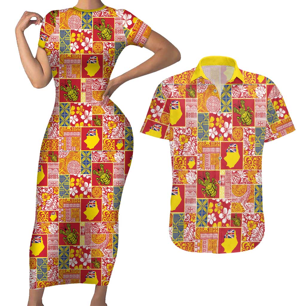 Niue Monuina e Kilisimasi Couples Matching Short Sleeve Bodycon Dress and Hawaiian Shirt Pacific Patchwork Xmas Vibes LT9 Yellow - Polynesian Pride