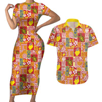 Niue Monuina e Kilisimasi Couples Matching Short Sleeve Bodycon Dress and Hawaiian Shirt Pacific Patchwork Xmas Vibes LT9 Yellow - Polynesian Pride