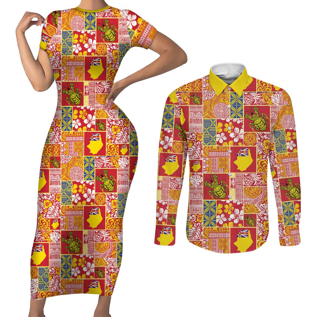 Niue Monuina e Kilisimasi Couples Matching Short Sleeve Bodycon Dress and Long Sleeve Button Shirt Pacific Patchwork Xmas Vibes LT9 Yellow - Polynesian Pride