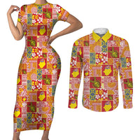 Niue Monuina e Kilisimasi Couples Matching Short Sleeve Bodycon Dress and Long Sleeve Button Shirt Pacific Patchwork Xmas Vibes LT9 Yellow - Polynesian Pride