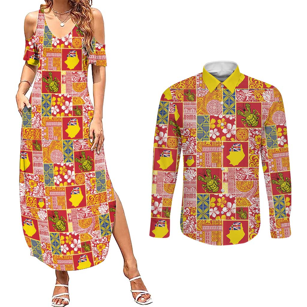 Niue Monuina e Kilisimasi Couples Matching Summer Maxi Dress and Long Sleeve Button Shirt Pacific Patchwork Xmas Vibes - Polynesian Pride