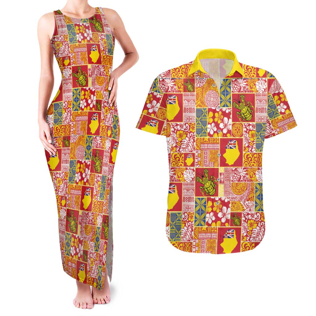 Niue Monuina e Kilisimasi Couples Matching Tank Maxi Dress and Hawaiian Shirt Pacific Patchwork Xmas Vibes - Polynesian Pride