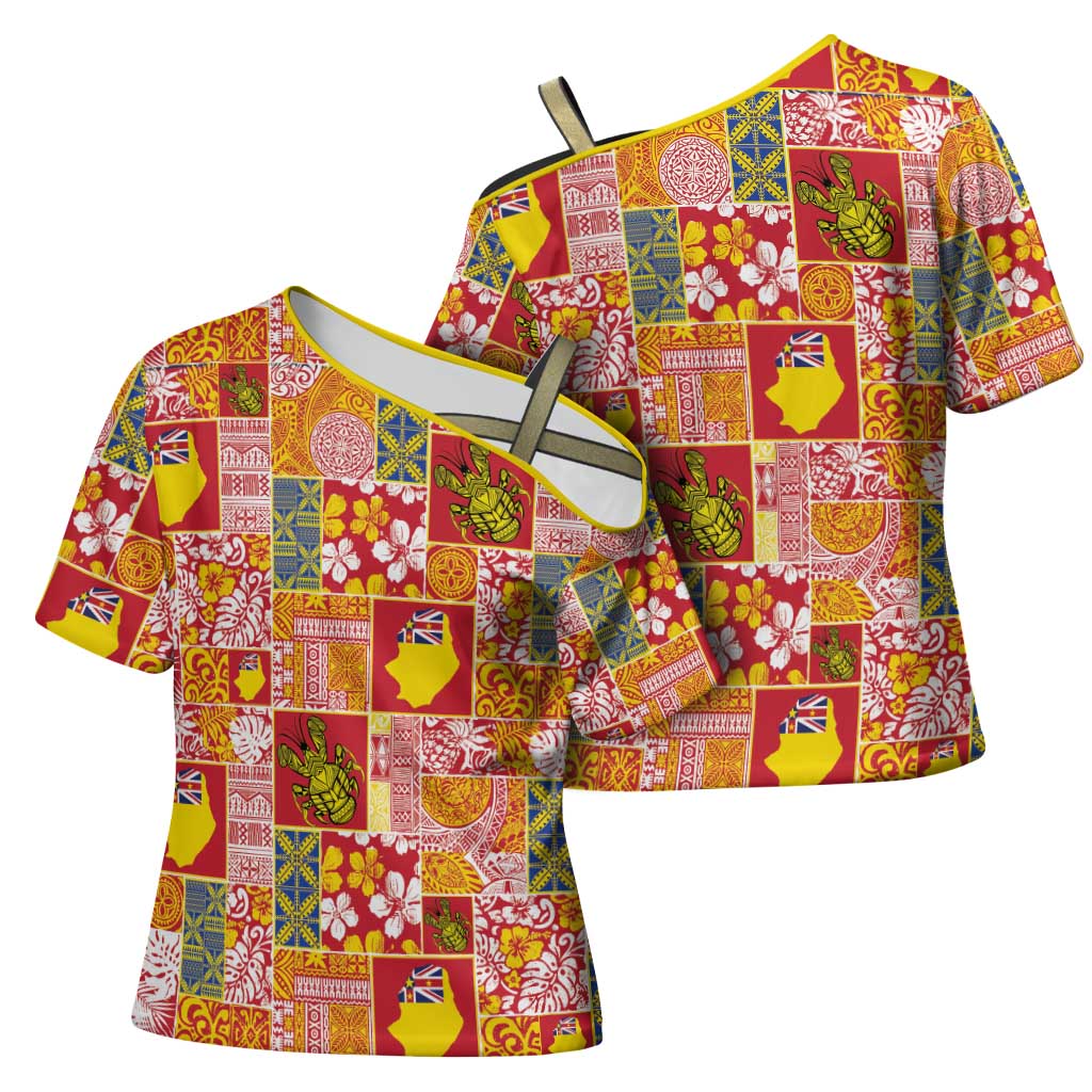 Niue Monuina e Kilisimasi Cross Shoulder Shirt Pacific Patchwork Xmas Vibes - Polynesian Pride