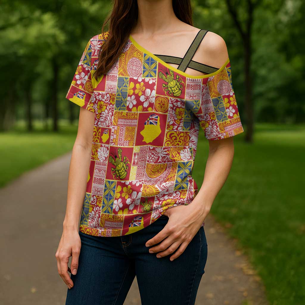Niue Monuina e Kilisimasi Cross Shoulder Shirt Pacific Patchwork Xmas Vibes - Polynesian Pride
