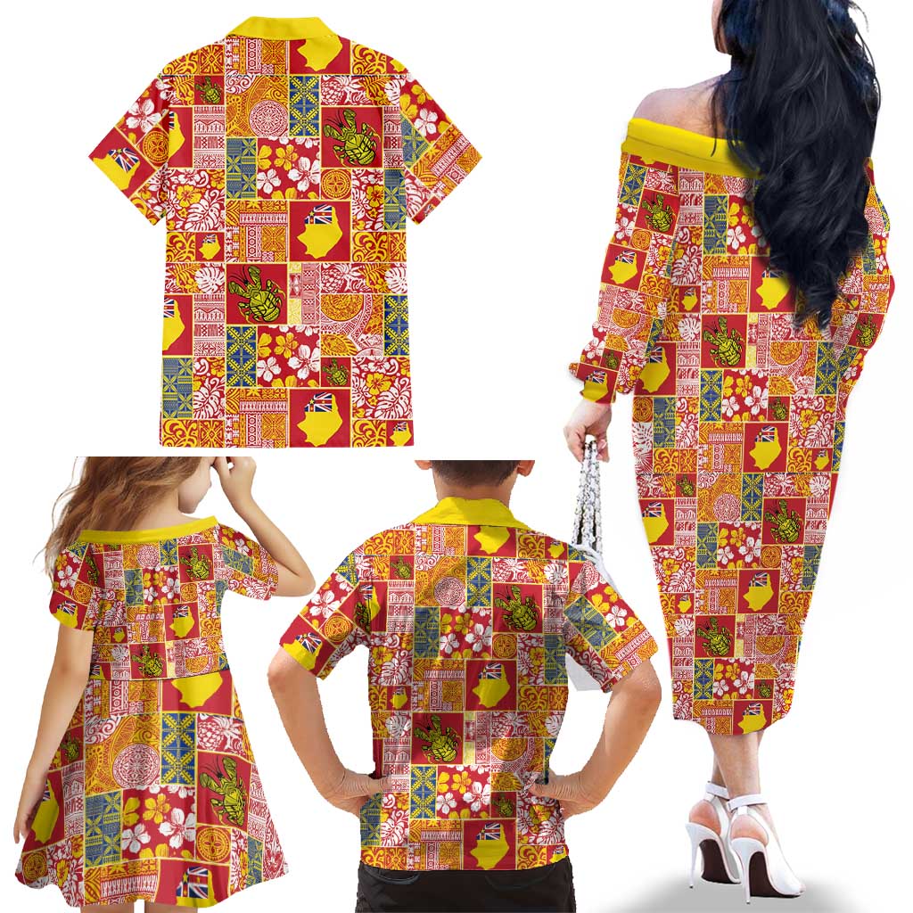 Niue Monuina e Kilisimasi Family Matching Off The Shoulder Long Sleeve Dress and Hawaiian Shirt Pacific Patchwork Xmas Vibes - Polynesian Pride