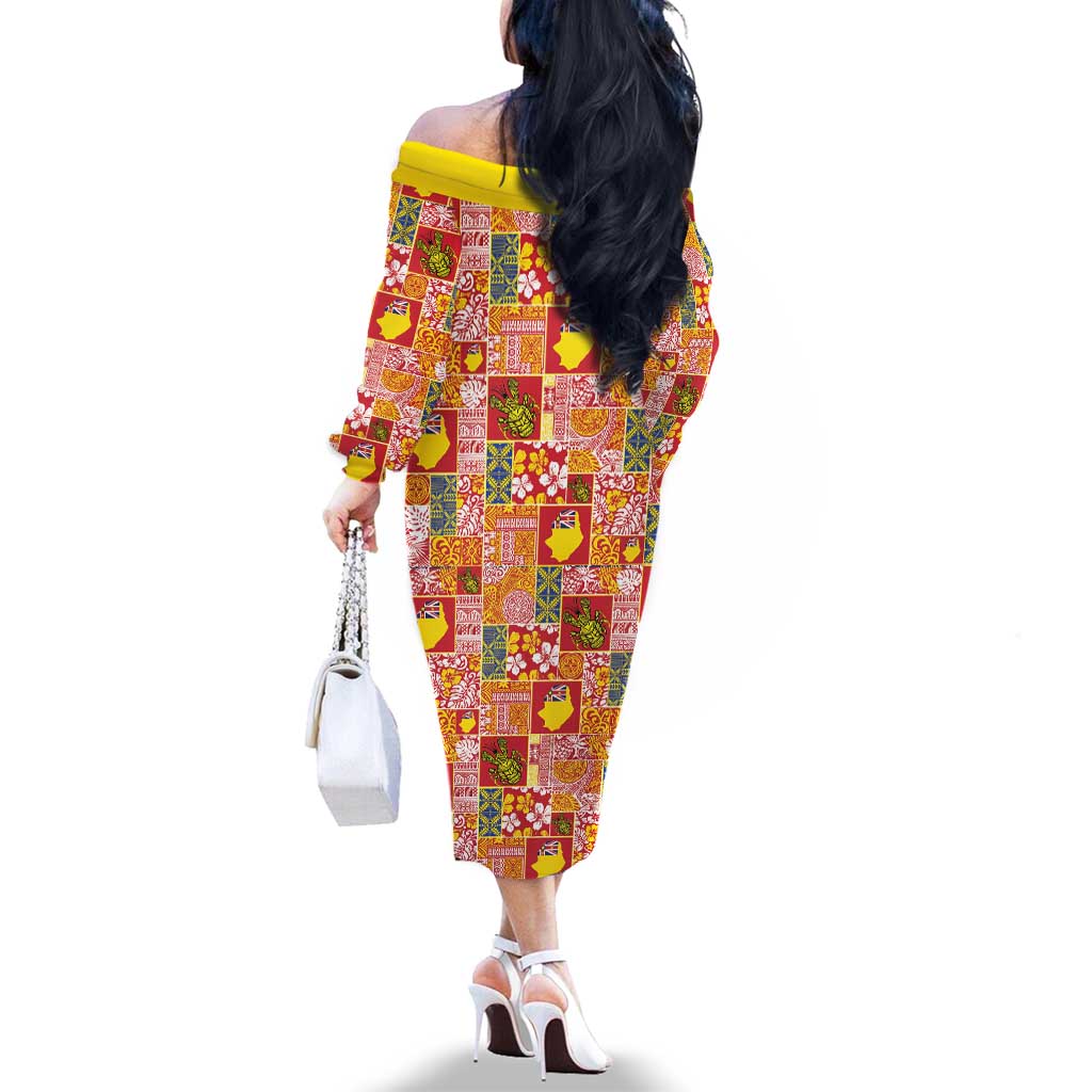 Niue Monuina e Kilisimasi Family Matching Off The Shoulder Long Sleeve Dress and Hawaiian Shirt Pacific Patchwork Xmas Vibes - Polynesian Pride