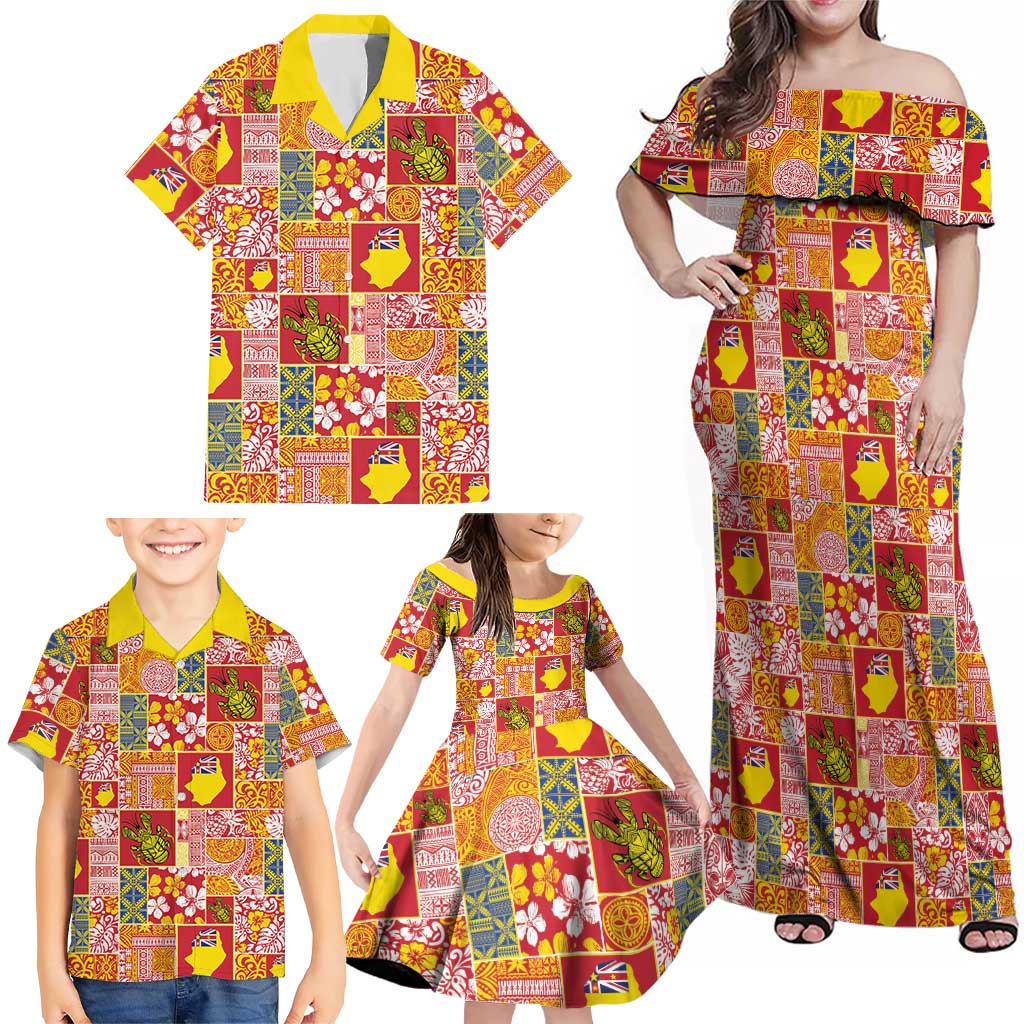 Niue Monuina e Kilisimasi Family Matching Off Shoulder Maxi Dress and Hawaiian Shirt Pacific Patchwork Xmas Vibes - Polynesian Pride
