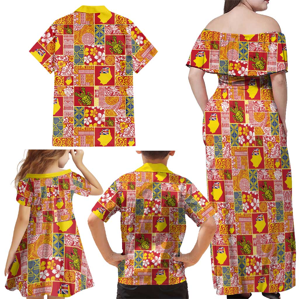 Niue Monuina e Kilisimasi Family Matching Off Shoulder Maxi Dress and Hawaiian Shirt Pacific Patchwork Xmas Vibes - Polynesian Pride