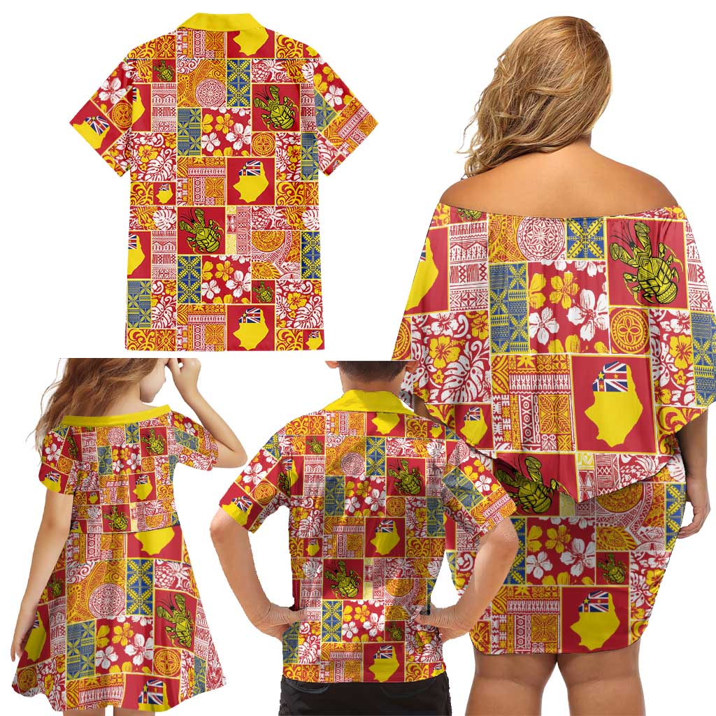 Niue Monuina e Kilisimasi Family Matching Off Shoulder Short Dress and Hawaiian Shirt Pacific Patchwork Xmas Vibes - Polynesian Pride