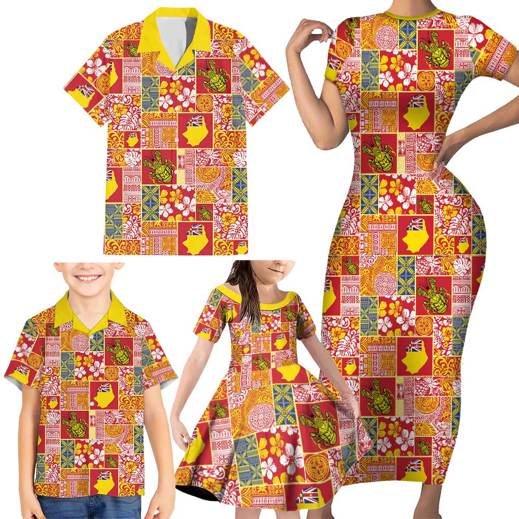 Niue Monuina e Kilisimasi Family Matching Short Sleeve Bodycon Dress and Hawaiian Shirt Pacific Patchwork Xmas Vibes - Polynesian Pride
