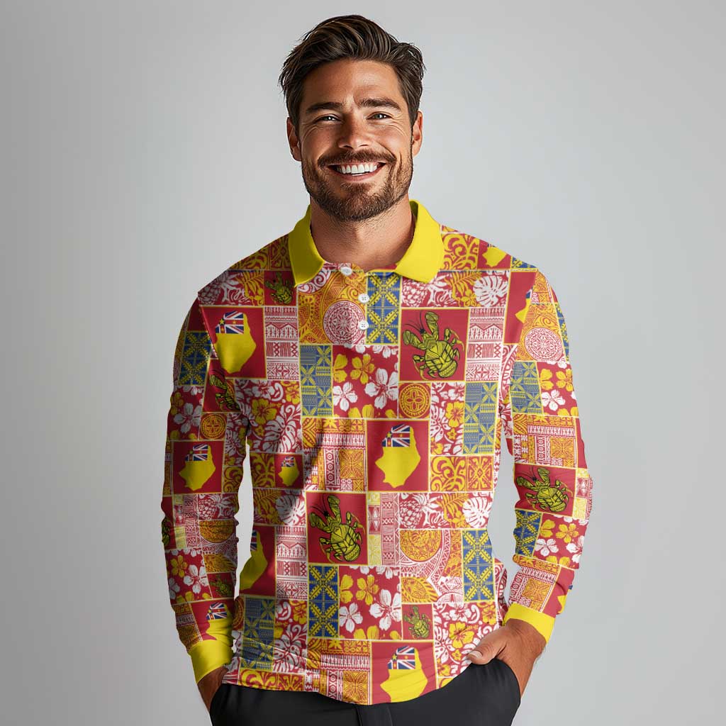 Niue Monuina e Kilisimasi Long Sleeve Polo Shirt Pacific Patchwork Xmas Vibes - Polynesian Pride