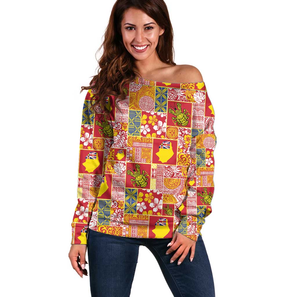 Niue Monuina e Kilisimasi Off Shoulder Sweater Pacific Patchwork Xmas Vibes - Polynesian Pride