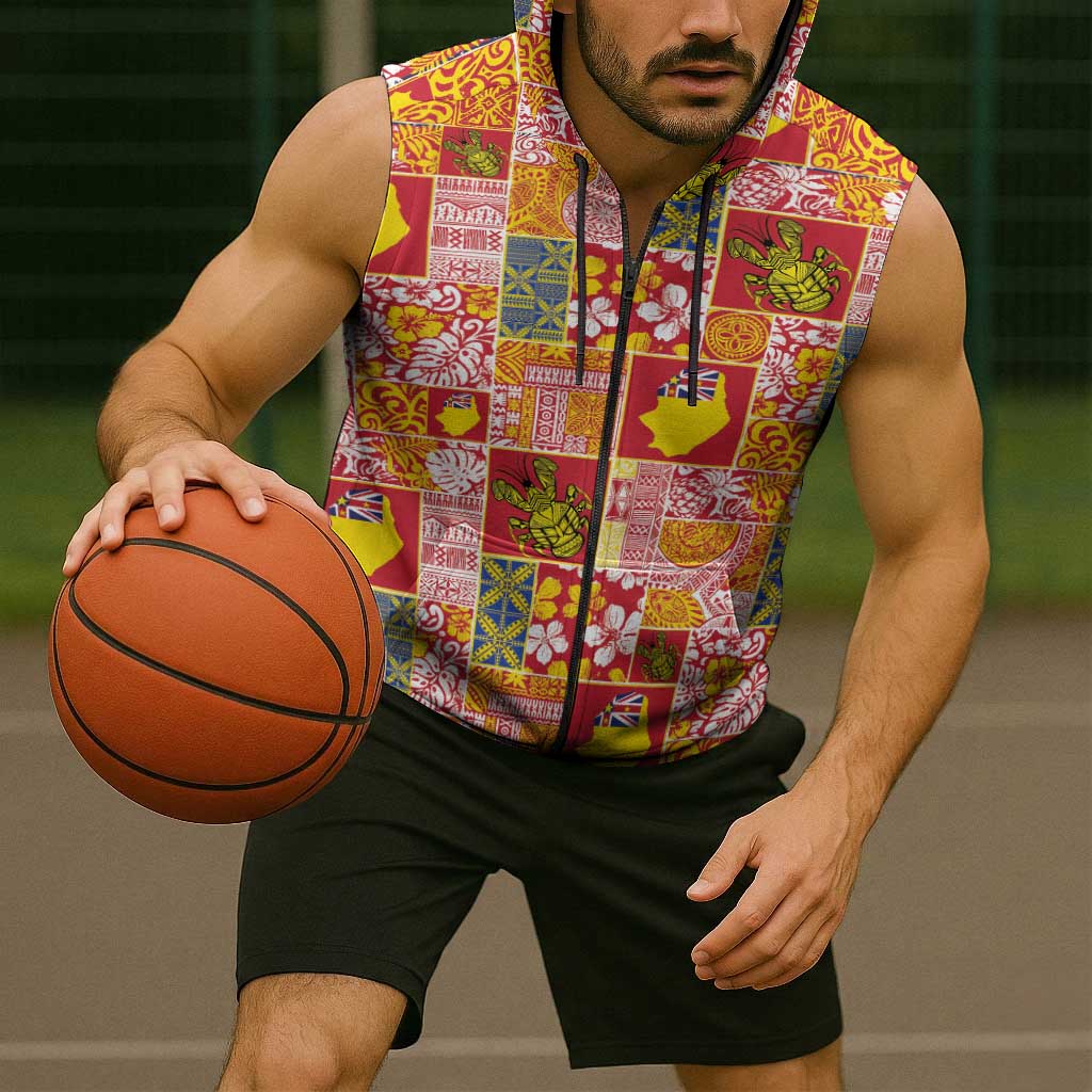 Niue Monuina e Kilisimasi Sleeveless Zip Hoodie Pacific Patchwork Xmas Vibes - Polynesian Pride