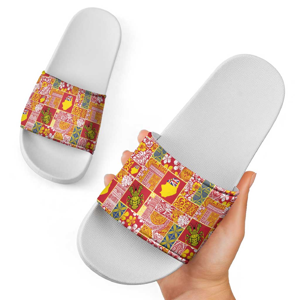 Niue Monuina e Kilisimasi Slide Sandals Pacific Patchwork Xmas Vibes - Polynesian Pride