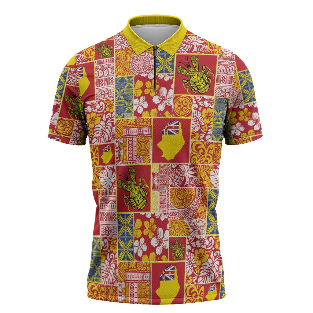 Niue Monuina e Kilisimasi Zipper Polo Shirt Pacific Patchwork Xmas Vibes - Polynesian Pride