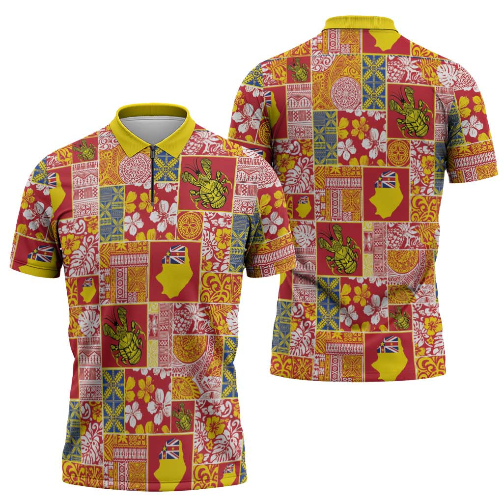 Niue Monuina e Kilisimasi Zipper Polo Shirt Pacific Patchwork Xmas Vibes - Polynesian Pride