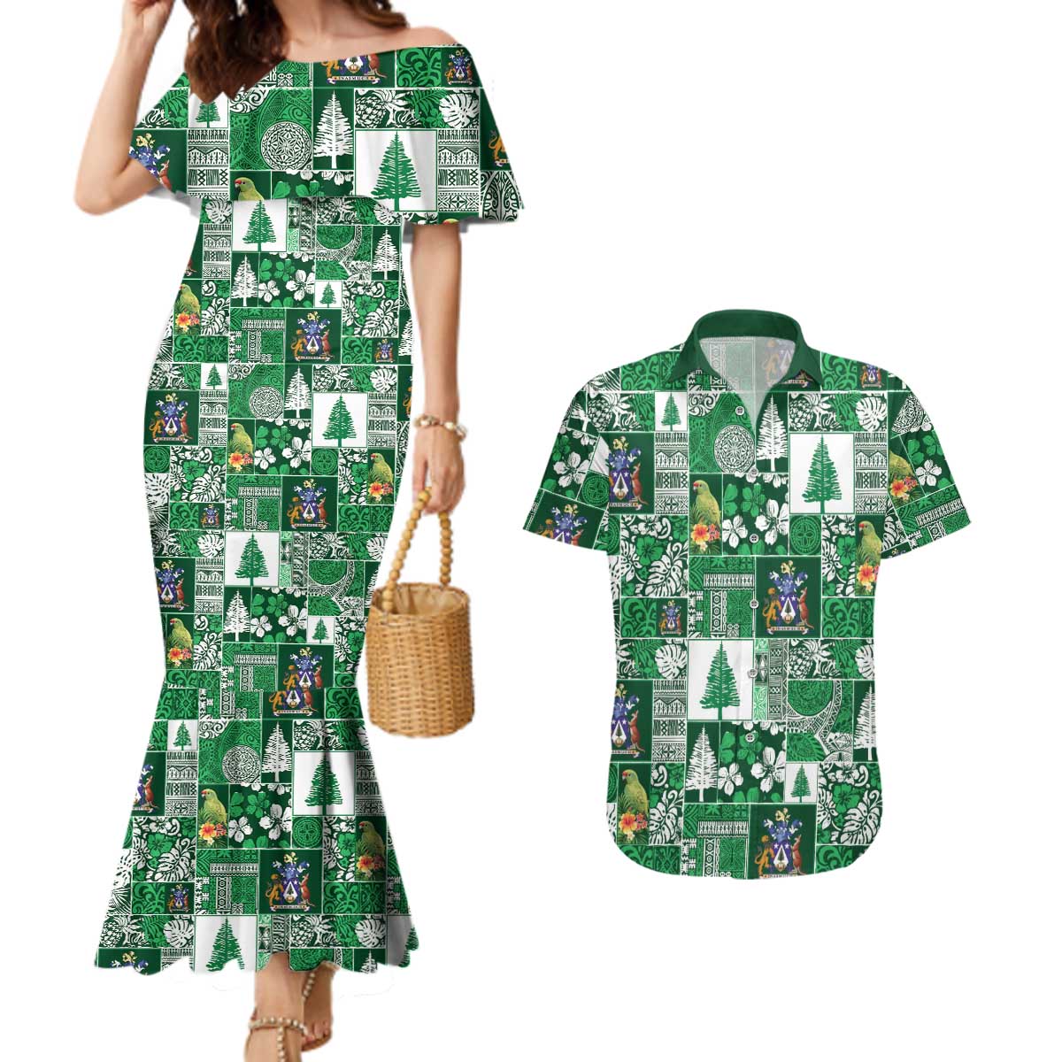 Norfolk Island Meri Krismas Couples Matching Mermaid Dress and Hawaiian Shirt Pacific Patchwork Xmas Vibes LT9 Green - Polynesian Pride