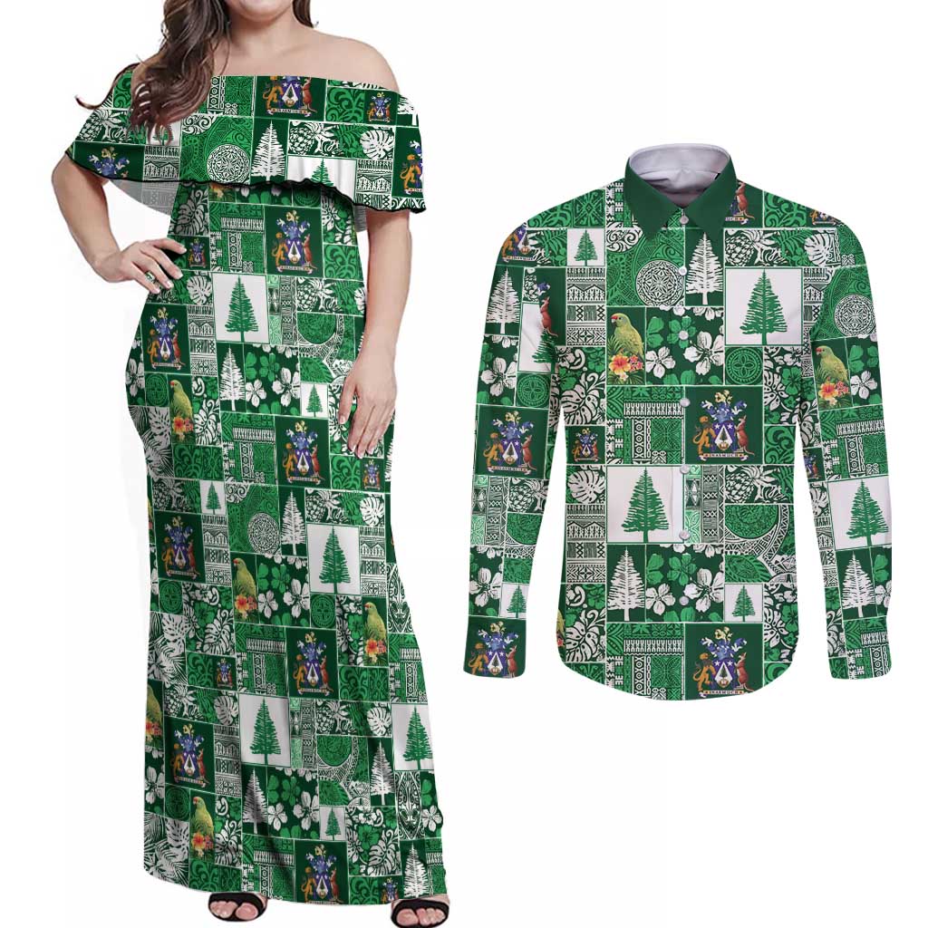 Norfolk Island Meri Krismas Couples Matching Off Shoulder Maxi Dress and Long Sleeve Button Shirt Pacific Patchwork Xmas Vibes LT9 Green - Polynesian Pride