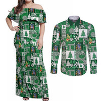 Norfolk Island Meri Krismas Couples Matching Off Shoulder Maxi Dress and Long Sleeve Button Shirt Pacific Patchwork Xmas Vibes LT9 Green - Polynesian Pride