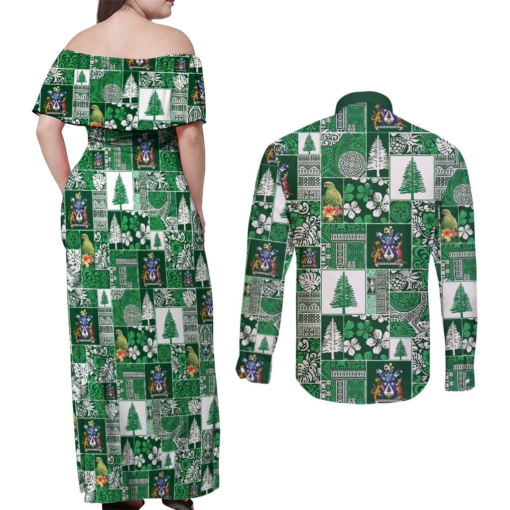 Norfolk Island Meri Krismas Couples Matching Off Shoulder Maxi Dress and Long Sleeve Button Shirt Pacific Patchwork Xmas Vibes LT9 - Polynesian Pride