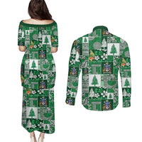 Norfolk Island Meri Krismas Couples Matching Puletasi and Long Sleeve Button Shirt Pacific Patchwork Xmas Vibes - Polynesian Pride