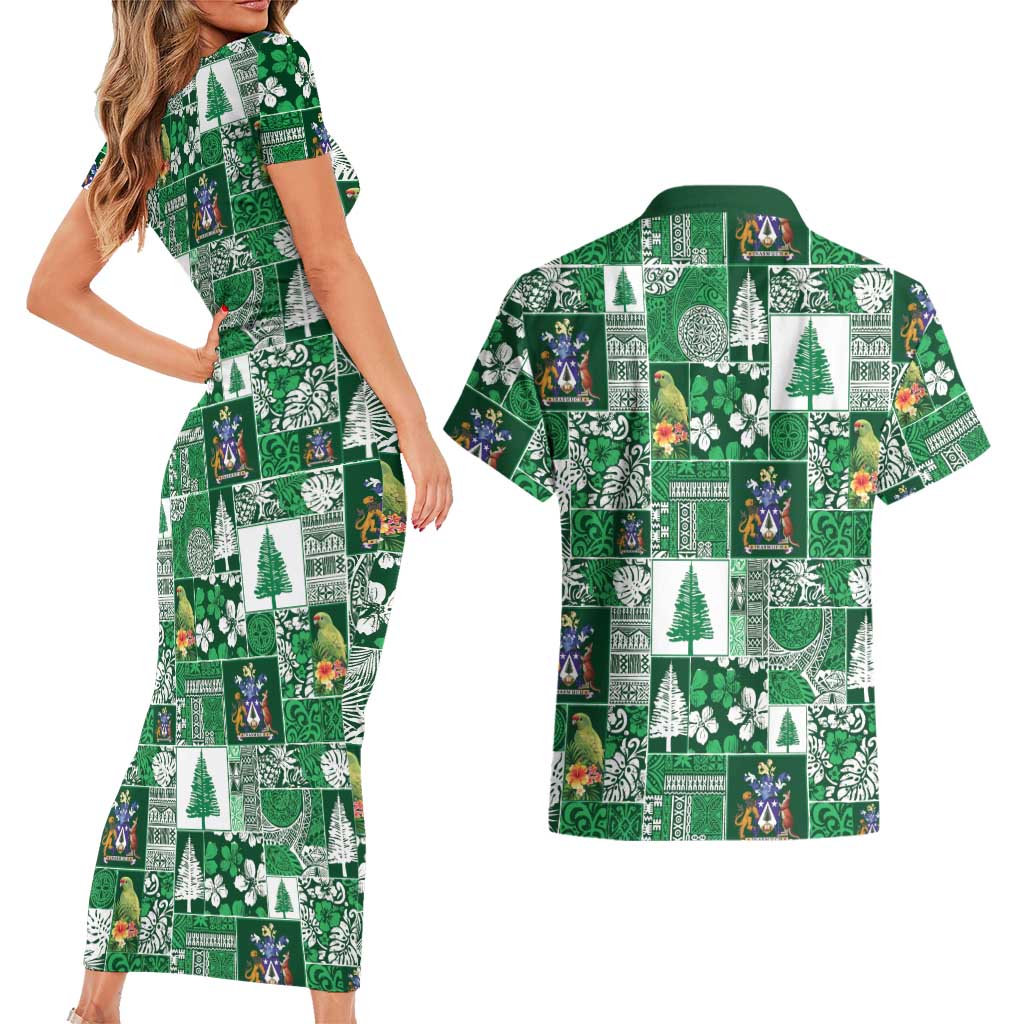 Norfolk Island Meri Krismas Couples Matching Short Sleeve Bodycon Dress and Hawaiian Shirt Pacific Patchwork Xmas Vibes - Polynesian Pride