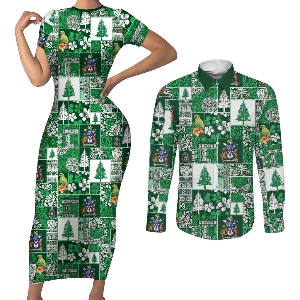 Norfolk Island Meri Krismas Couples Matching Short Sleeve Bodycon Dress and Long Sleeve Button Shirt Pacific Patchwork Xmas Vibes - Polynesian Pride
