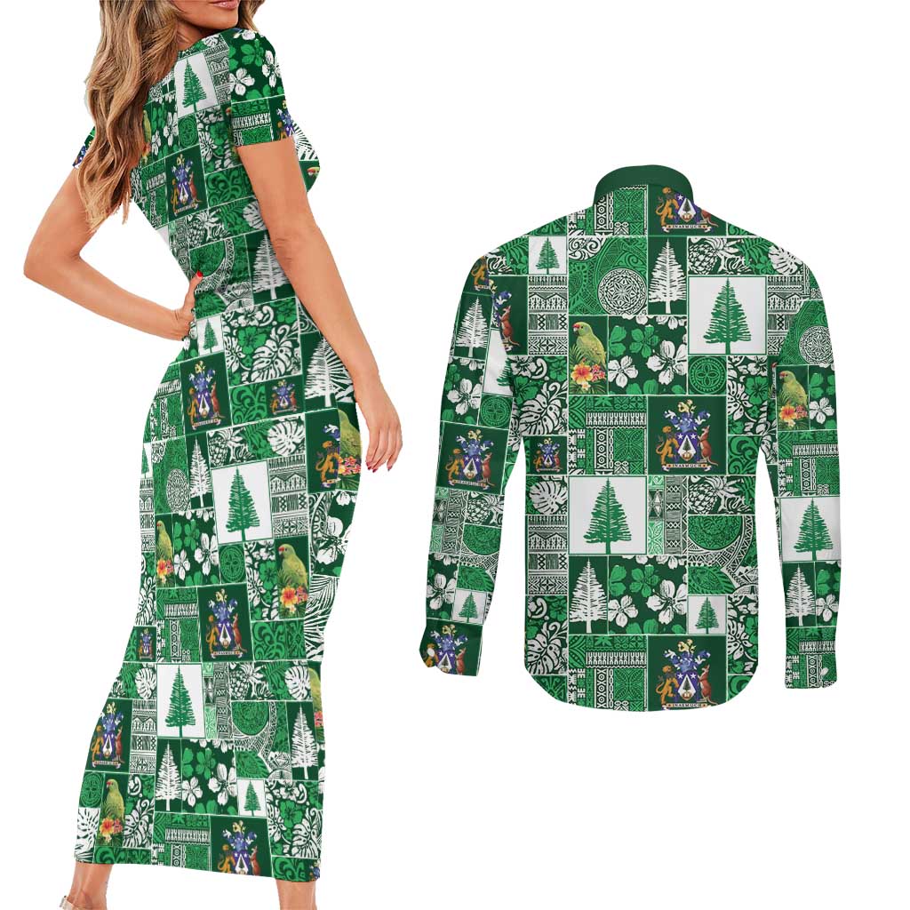 Norfolk Island Meri Krismas Couples Matching Short Sleeve Bodycon Dress and Long Sleeve Button Shirt Pacific Patchwork Xmas Vibes - Polynesian Pride