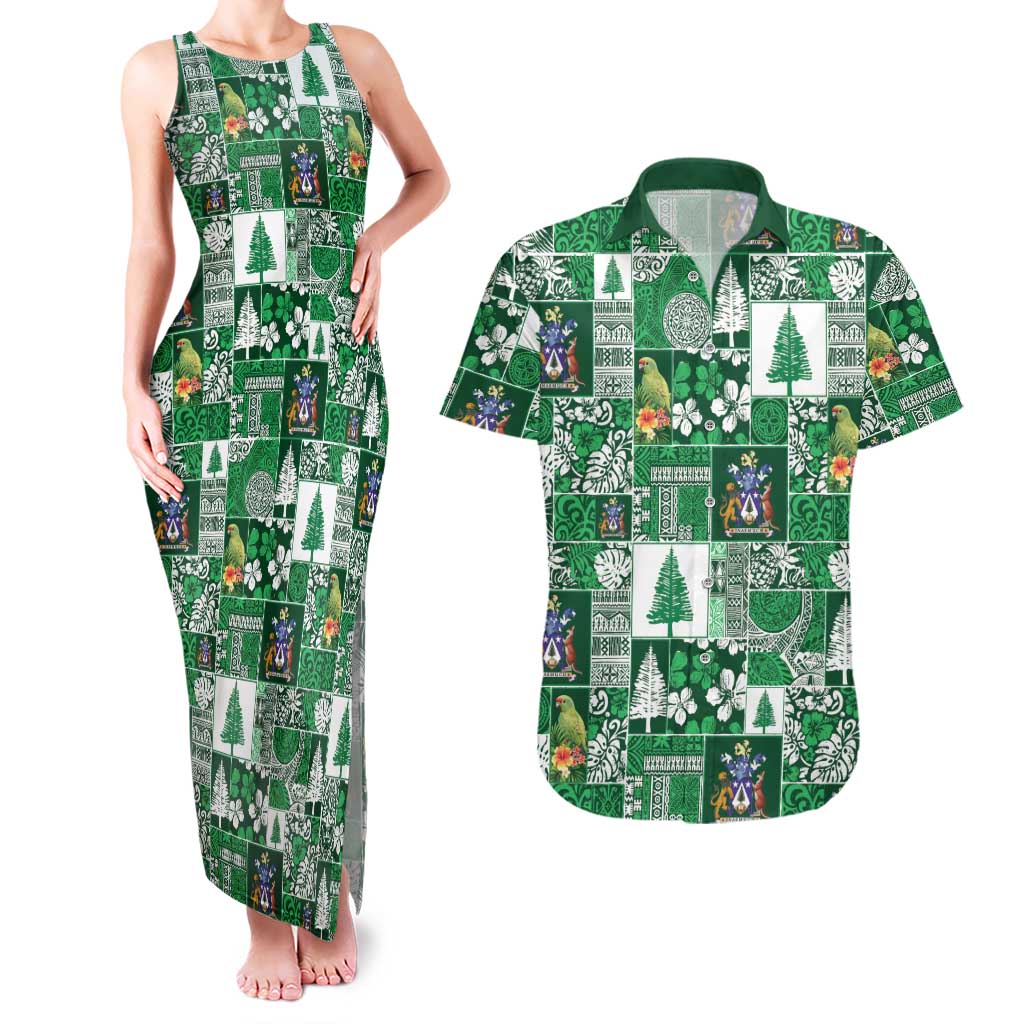 Norfolk Island Meri Krismas Couples Matching Tank Maxi Dress and Hawaiian Shirt Pacific Patchwork Xmas Vibes - Polynesian Pride