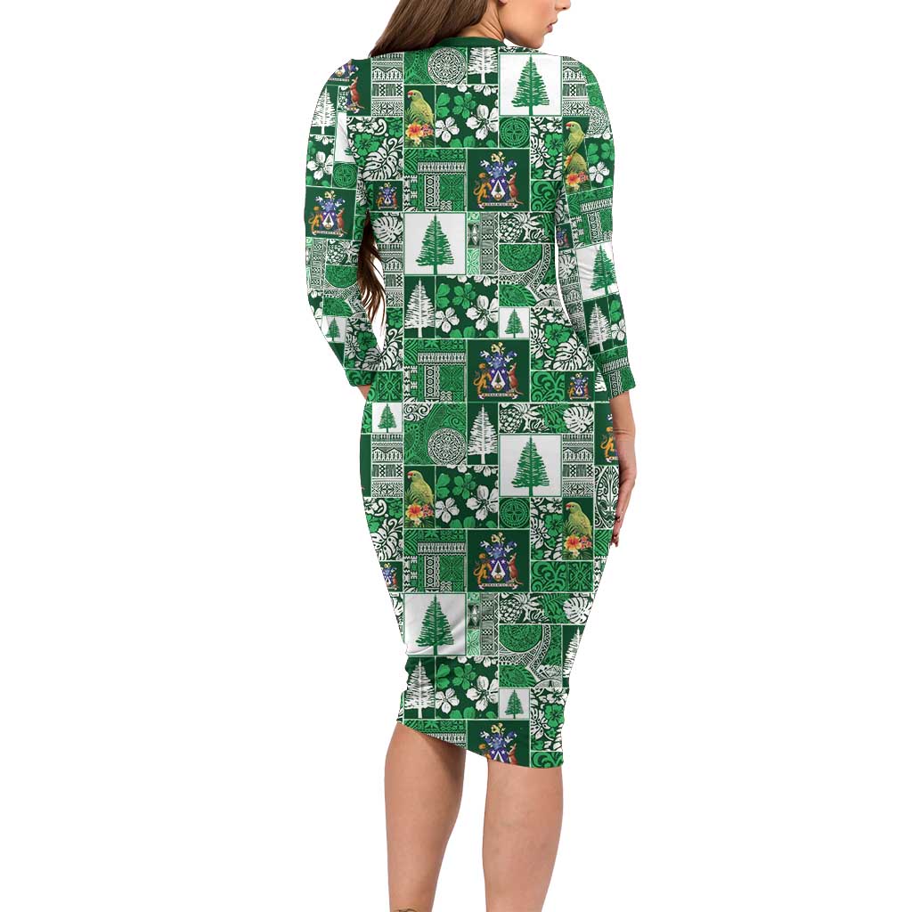 Norfolk Island Meri Krismas Family Matching Long Sleeve Bodycon Dress and Hawaiian Shirt Pacific Patchwork Xmas Vibes - Polynesian Pride
