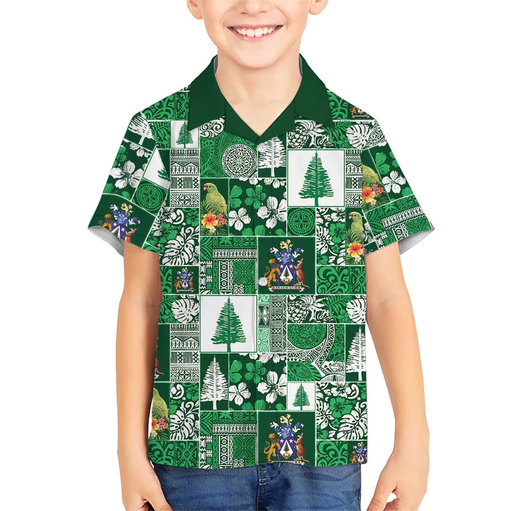 Norfolk Island Meri Krismas Family Matching Off The Shoulder Long Sleeve Dress and Hawaiian Shirt Pacific Patchwork Xmas Vibes - Polynesian Pride