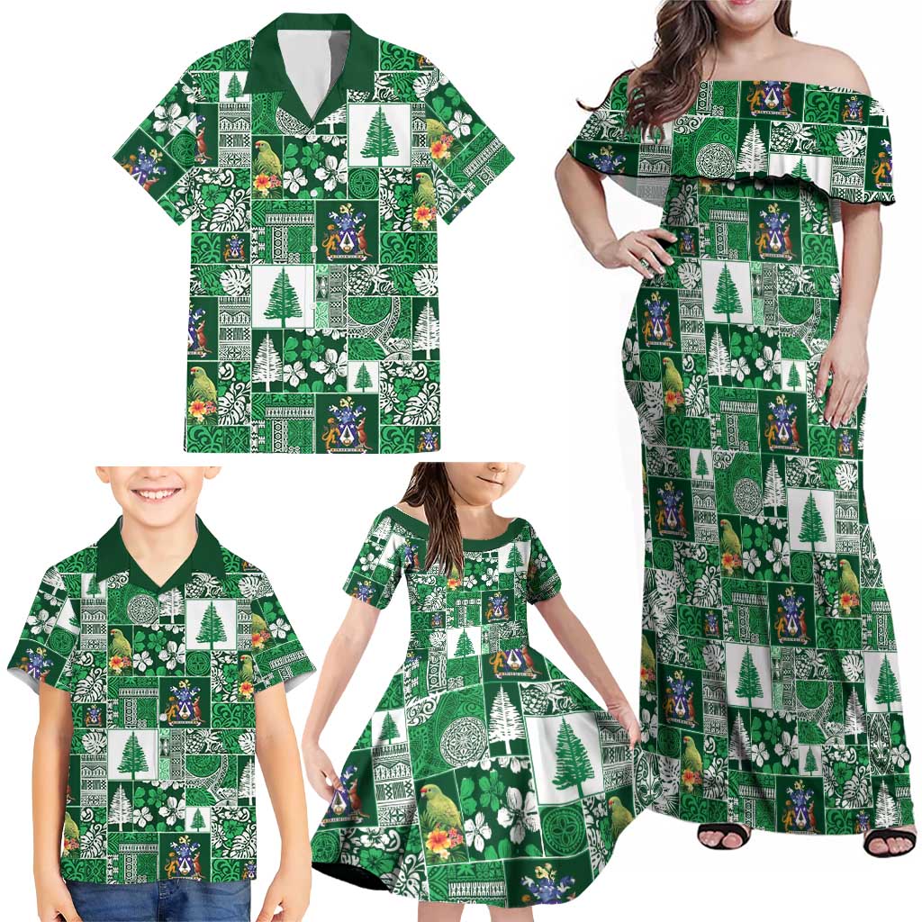 Norfolk Island Meri Krismas Family Matching Off Shoulder Maxi Dress and Hawaiian Shirt Pacific Patchwork Xmas Vibes - Polynesian Pride