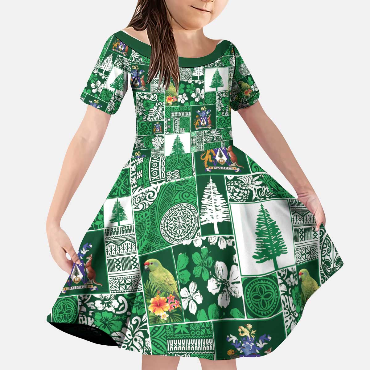 Norfolk Island Meri Krismas Kid Short Sleeve Dress Pacific Patchwork Xmas Vibes - Polynesian Pride