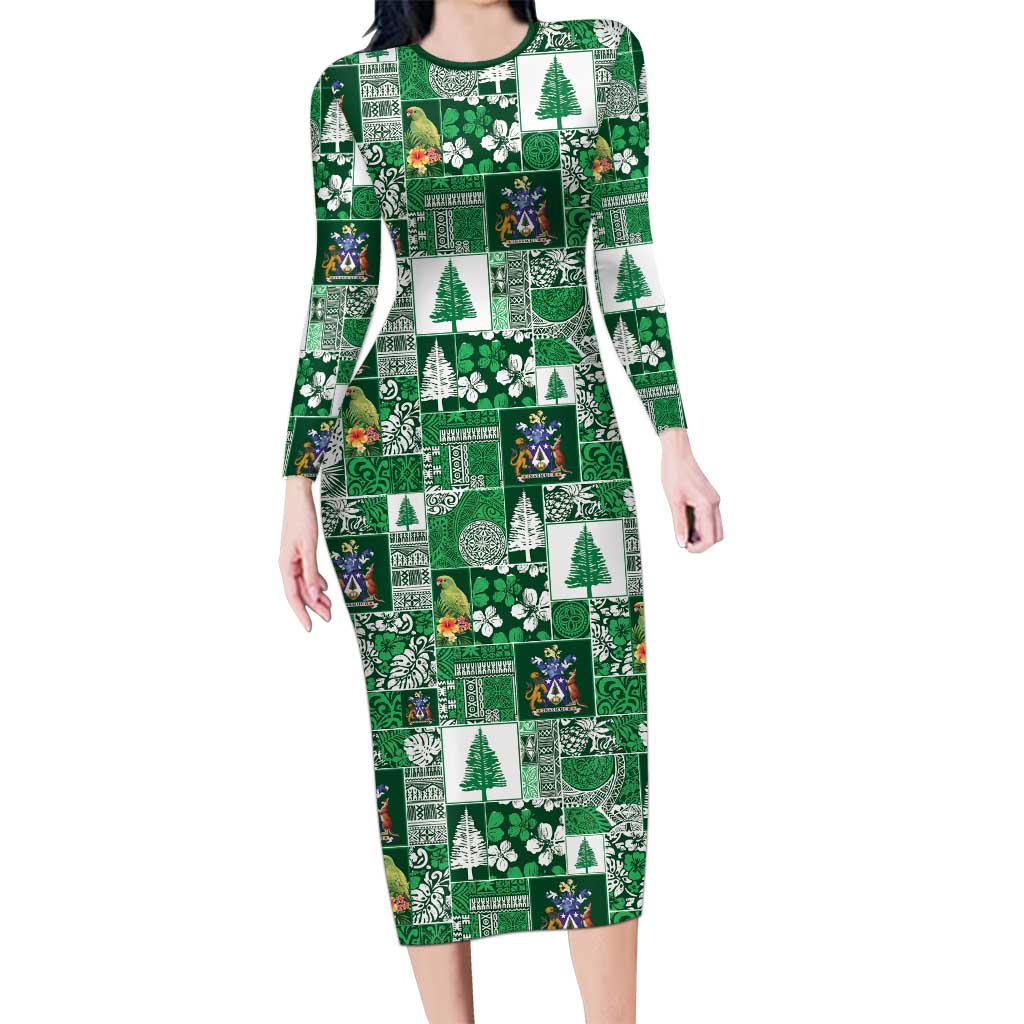 Norfolk Island Meri Krismas Long Sleeve Bodycon Dress Pacific Patchwork Xmas Vibes - Polynesian Pride
