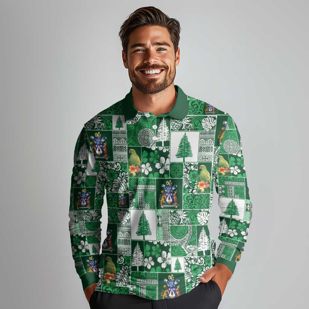 Norfolk Island Meri Krismas Long Sleeve Polo Shirt Pacific Patchwork Xmas Vibes - Polynesian Pride
