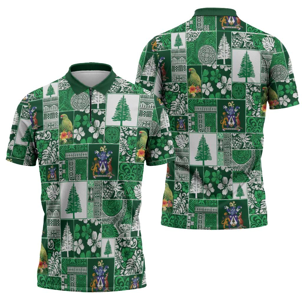 Norfolk Island Meri Krismas Zipper Polo Shirt Pacific Patchwork Xmas Vibes - Polynesian Pride