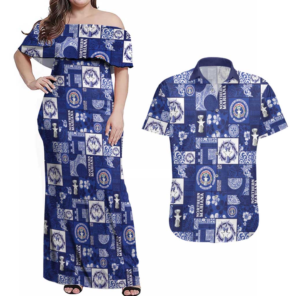 Northern Mariana Islands Magof Nochebuena Couples Matching Off Shoulder Maxi Dress and Hawaiian Shirt Pacific Patchwork Xmas Vibes - Polynesian Pride